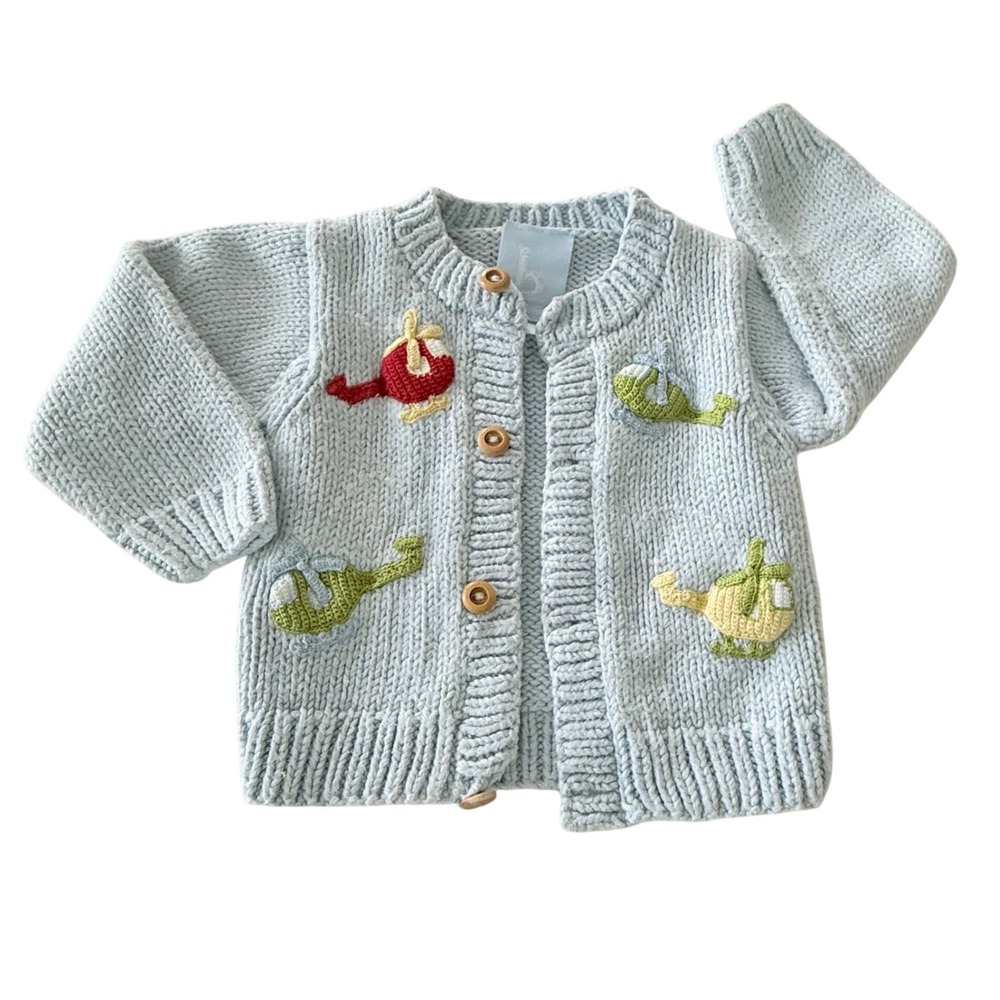 Bella Bliss Cardigan Baby Boy 6m Blue Handmade Cotton Helicopter Knit Sweater